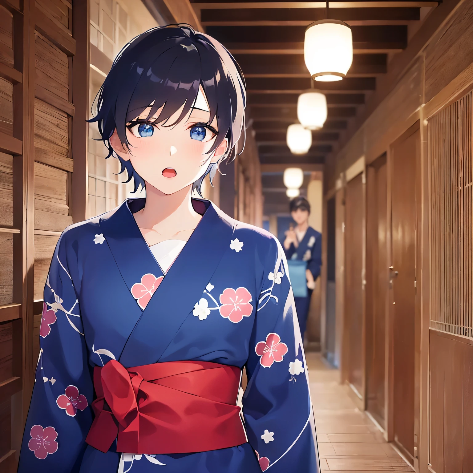 (25-year-old male:1.3) and(Black short hair) and (blue eyes), (looking at viewer:1.5), closed-up、rush、Reach out、 masterpiece、Highest quality、 (Blue) and (yukata),Serious,(open mouth:1.5),The background is a Japanese-style corridor at night,