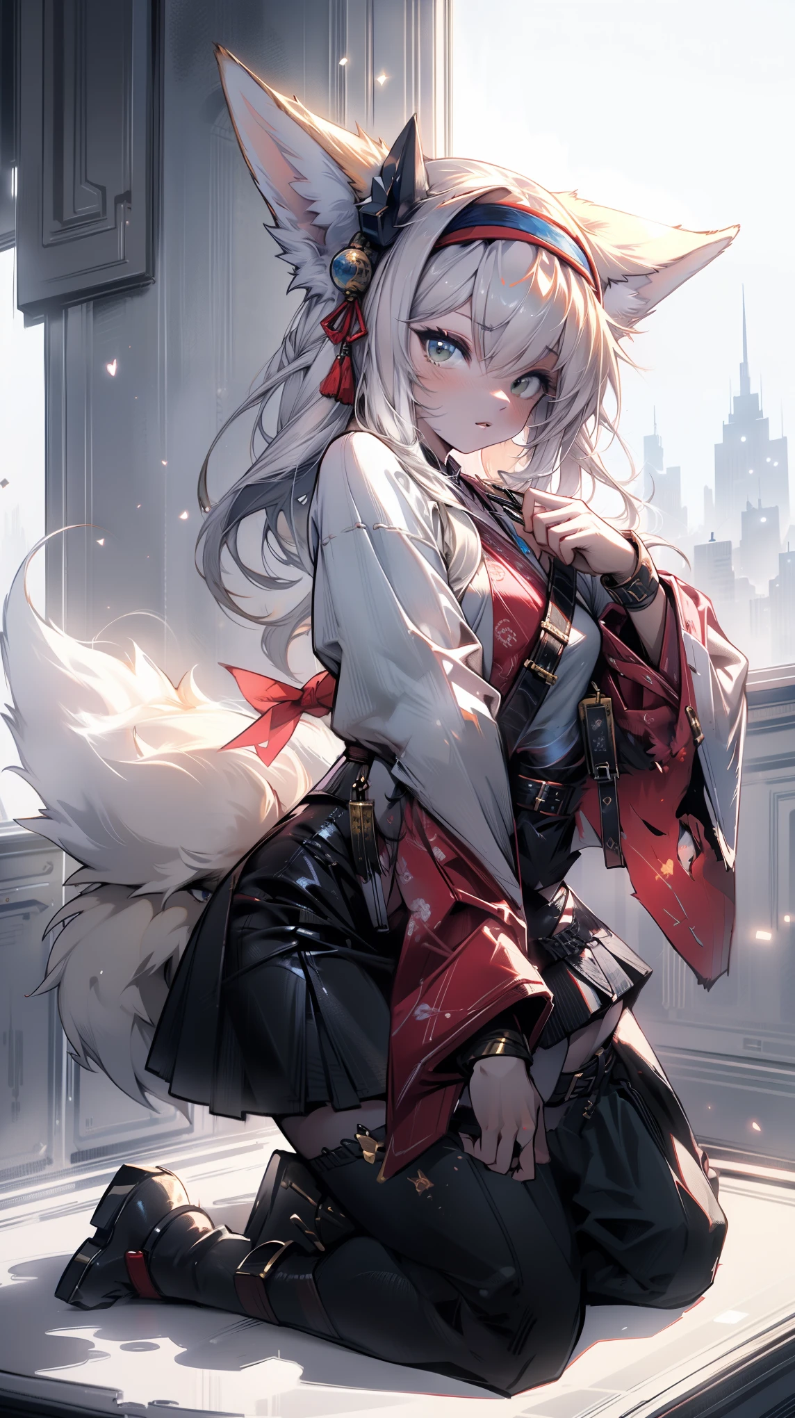 White background, Blue Skirt，Single woman, Solitary, (kneel), (kneel on white glass surface), (point, small), (White background), (Witch Hat), curly, Looking at the audience, panoramic, Imagine, It all started on the night of the Ark., Hot topics on the art site pixiv, ARK Knight, pixiv Digital Art,Onmyoji detailed art, Japanese anime fantasy illustration, author：hero, anime art wallpaper 8 k, Sky Witch, pixiv style, Anime Art Wallpaper 4K, Anime Art Wallpaper 4K, (Beautiful background), Ink painting style，Beautiful colors，Decisive cuts，広いBlank領域, Blank, space，masterpiece， Super exquisite，Epic Works，expensive、expensive品質，best quality，4K