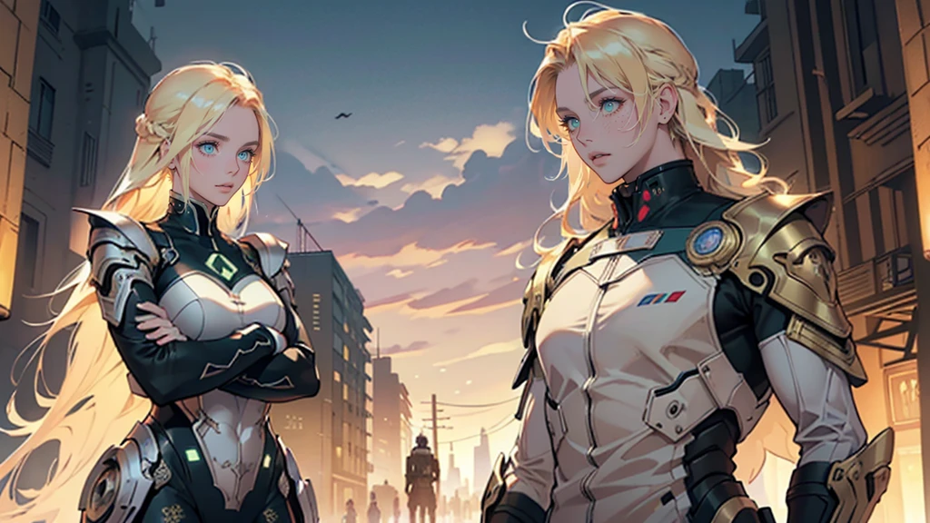 Beautiful woman, extremely long hair, blonde hair, green eyes, (masterpiece:1.3), (best quality:1.3), high-resolution, watercolor pencil, Head-on angle, upper body, Body facing forward, (upright:1.3), (arms at sides:1.3), solo, beautiful detailed eyes, Futuristic clothing, mechanical suit, (mechanical city background:1.2), concept art, shadow lighting, beautiful detailed glow, best illuminate, (((best quality, textile shading, ultra detailed))), extremely detailed CG unity 8k wallpaper, Highly Detailed beautiful and aesthetic, best light, dynamic lighting, 1Character, pastel washed out colors, cell shade, soft, muted shades, gentle colors,