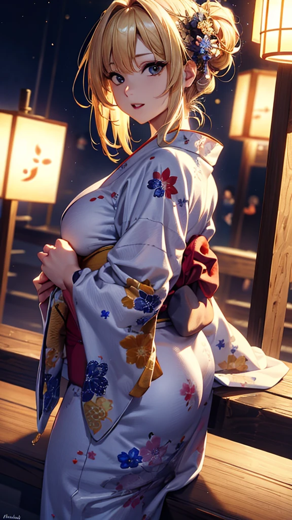 masterpiece, absurdres, best quality, ultra detailed, high Resolution, detailed illustration, bright colour, (extremely beautiful detailed face and eyes, Delicate beautiful face, 1 girl, 18yo, cute face:1.3), (magenta eyes:1.1), sparkling eyes, big eyes, (medium breasts:1.3), (perky breasts:1.1), (pointy breasts:1.1), medium hips, glamorous body, white skin, BREAK, (blonde hair:0.8), messy hair, detailed hair, shiny hair, BREAK (yukata, undressed:1.3), perfect lighting, (ecstasy, vulgarity:1.5), (embarrassed:1.3), rape, (firework:1.2), From behind,