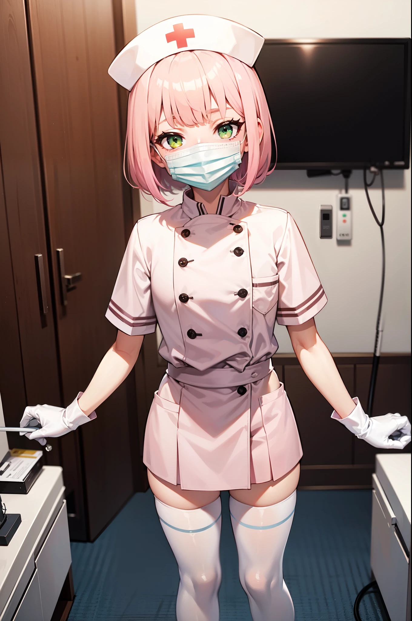 1boy, solo, male focus, nurse, white nurse cap, white nurse uniform, ((white legwear, zettai ryouiki)), white gloves, blunt bangs, pink hair, green eyes, drooping eyes, ((white surgical mask, covered nose)), standing, ((hospital room)), sharp outline, short sleeves, shota, 12 years old, best quality, masterpiece