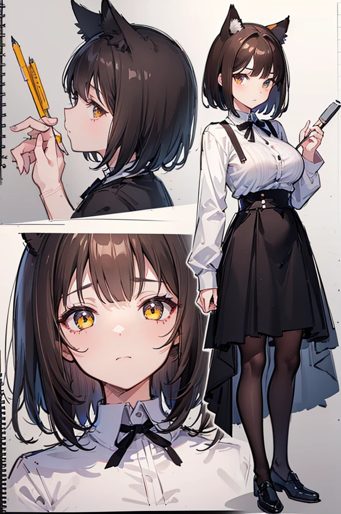 1 girl, dark brown hair, short hair, cat ears, cat girl, big breasts, multiple views, pencil sketch, (sketch:1.25), best quality, Line draft, highres, (ultra-detailed:1.1), (illustration:1.1), (solo), perfectly drawn hands, standing, cohesive background, paper, action, (character design:1.1)