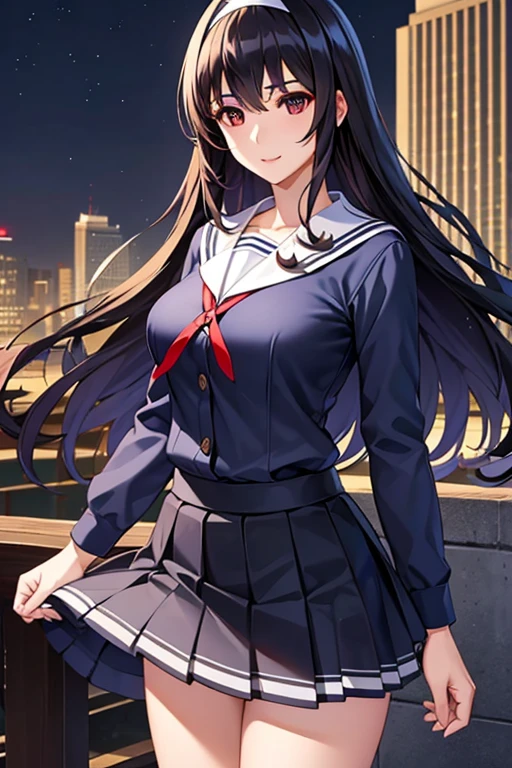 Poetry of the Hills、Shiny black hair, Long Hair, (Beautiful brown eyes、Sparkling eyes, Fine grain)、smile、Super detailedな目、Highly detailed face, Highly detailed eyes, 

(masterpiece, Highest quality, Super detailed:1.4), (masterpiece), (Highest quality), (Beautiful eyes and face), (Perfect female body), (Glowing Skin), Cowboy Shot, 
Sailor collar, ribbon,Long sleeve blue shirt,  , Pleated skirt, Black Skirt Library、evening、