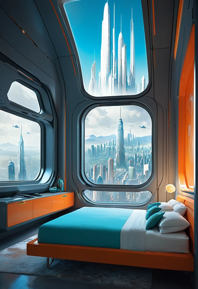 A Gorgeous Sci-Fi Bedroom Matte Painting by John Harris, sparth 和 greg rutkowski. Sharp Edges, Tiffany Blue, Gray-orange, White and Gold. Sci-fi bedroom in the space base, Outside the window is the city skyline of the future, Lighting Effects. Ultra-clear and detailed, 3 d, Octane Rendering. Eight thousand