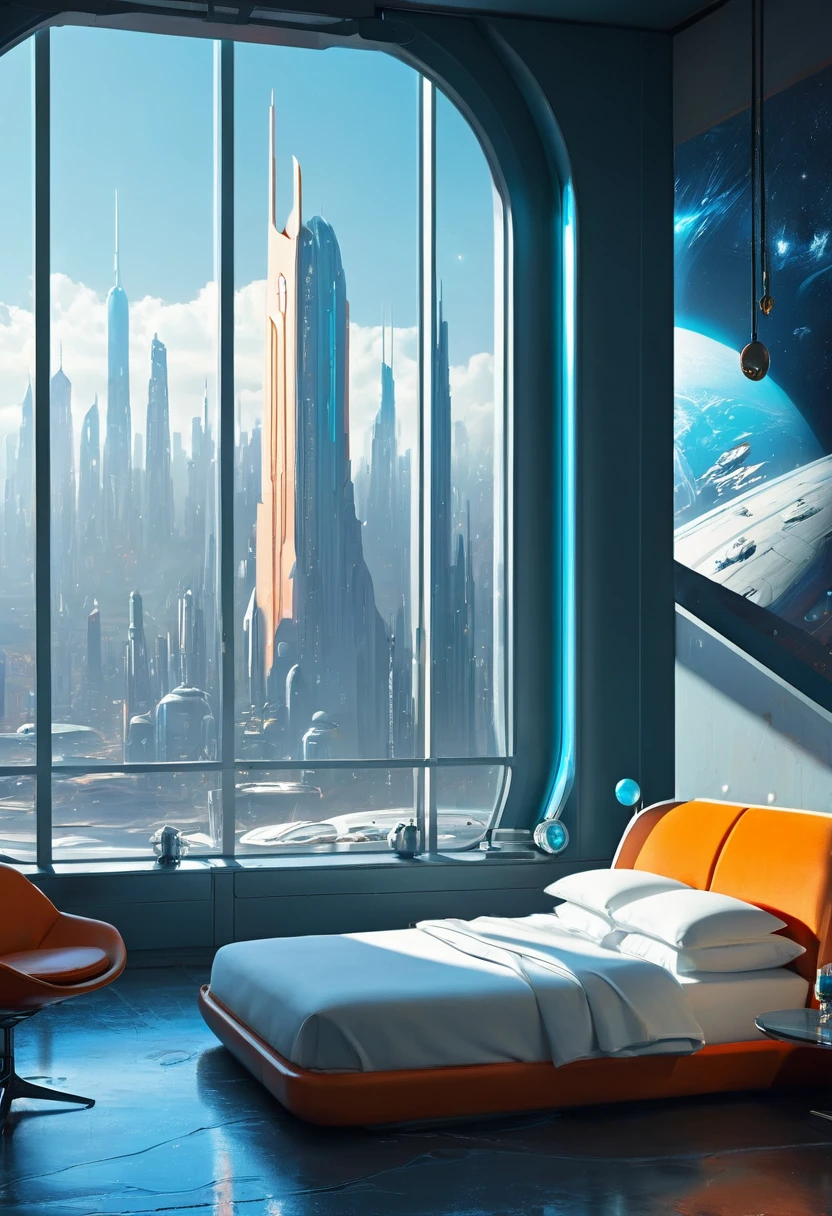 A Gorgeous Sci-Fi Bedroom Matte Painting by John Harris, sparth 和 greg rutkowski. Sharp Edges, Tiffany Blue, Gray-orange, White and Gold. Sci-fi bedroom in the space base, Outside the window is the city skyline of the future, Lighting Effects. Ultra-clear and detailed, 3 d, Octane Rendering. Eight thousand