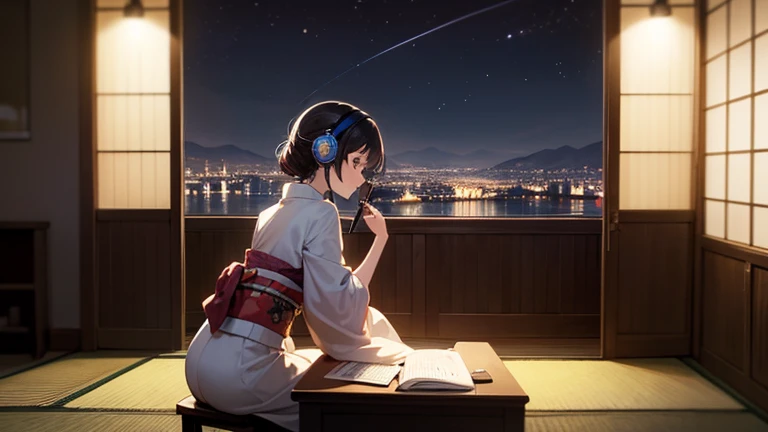 Beautiful girl studying at a desk in a room with headphones on、Warm lighting、Outside the room it is night、A pleasant night breeze is blowing、Japanese anime style、kimono、Landscape orientation but not facing forward