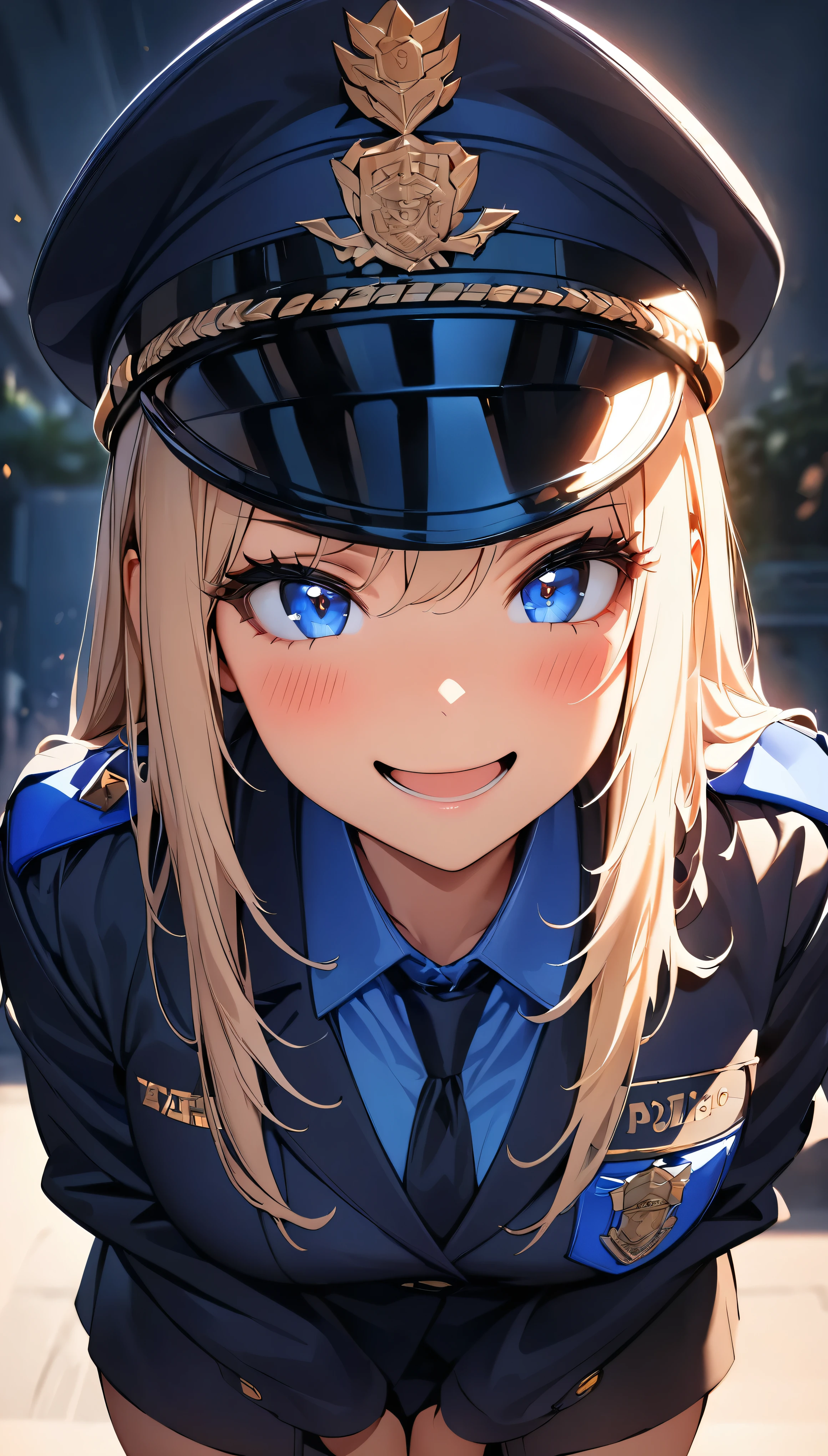 (Highest quality:1.2, Very detailed, up to date, Vibrant, 超High resolution, High Contrast, masterpiece:1.2, Highest quality, Best aesthetics), (((1 girl))), Beautiful police officer, Carefully drawn police equipment, Police uniform, Professionalism, Bright colors, Soft lighting, Expressive eyes, Detailed lips, Long eyelashes, Pleasant atmosphere, incite inferiority, Obscene eyes, Lewd smile, Open your mouth, blush, Fatty face, Cowboy Shot, Positive Energy, Calm background, A nurturing presence, High resolution, Sharp focus.