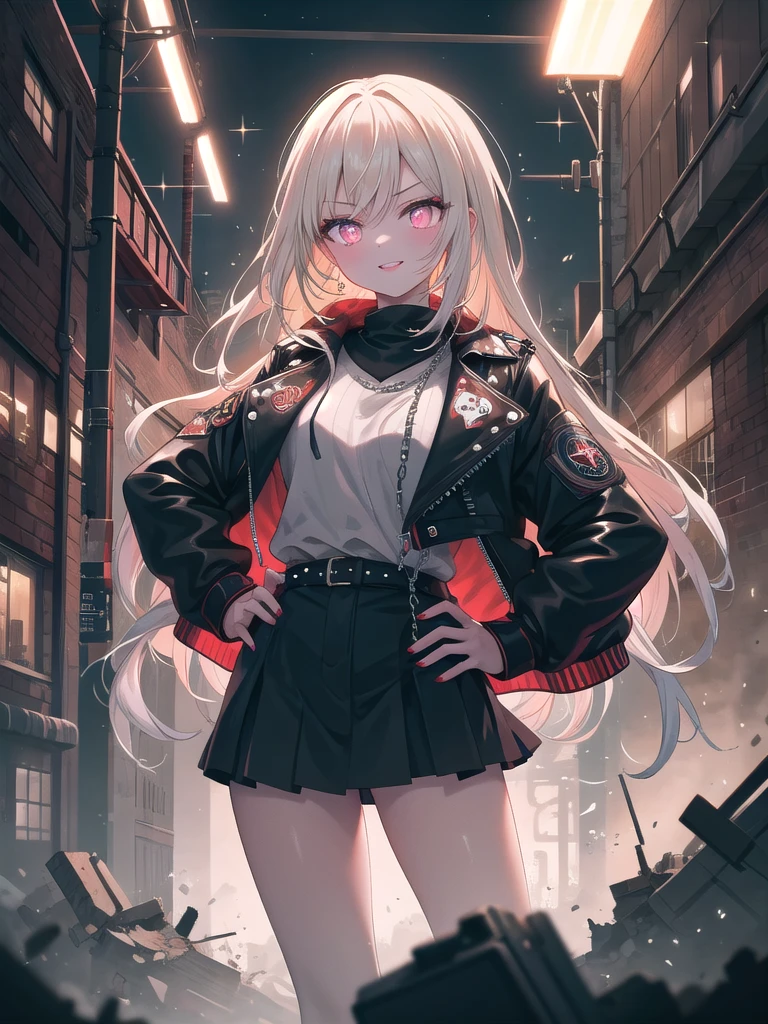 ((8k, best quality, master piece: 1.3)),super high resolution,(1 girl, solo), (colorshift eyes, hyperdetailed, expressive sparkling, glitter, glowing eyes), ultra detailed eyes, ultra-detailed face, random hair, ((pastel color)),A delinquent girl. In the background, we can see rusty machines and collapsed walls in an abandoned factory. The girl is punk-style, wearing a black leather jacket and a skirt with studs. The jacket is decorated with band patches, and the skirt is decorated with chains and rivets. The camera is set at the bust so that her expression can be seen clearly. A defiant smile spreads across the girl's face, and her large eyes shine defiantly. Her skin is pale, and her lips are painted with dark red lipstick. Her hair is a mohawk, with only the top part standing up. Her platinum blonde hair sparkles in the light.
She holds a beer bottle in one hand and the other hand on her hip. She stands confidently, with a sense of indifference to her surroundings. In the background, we can see collapsed walls and rusty machines, and scattered junk on the ground. The dim light and dusty air of the abandoned factory give the overall atmosphere a desolate one.
The texture of the girl's jacket, the details of her hair, and the shine of the beer bottle are all depicted in great detail. The dim light accentuates her rebellious expression, recreating an overall dark and eerie atmosphere. Her defiant gaze and confident posture exude the strength and unique charm of a delinquent girl.Her defiant gaze and relaxed posture exude the strength and unique charm of a bad girl.A vibrant night scene with neon pulse effects. Colorful neon lights pulse rhythmically, casting dynamic, glowing hues across the image. These neon pulses create a lively, energetic atmosphere, highlighting the subject with a vibrant, electric glow. The dynamic light patterns enhance the modern and bustling feel of the scene