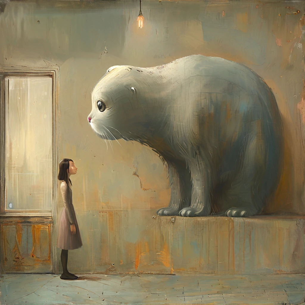 A young woman stroking the fur of her huge cat with long neck, long and slender paws, oval head, realistic, photorealistic, 8k, highly detailed, masterpiece, oil painting, chiaroscuro lighting, warm color palette, muted tones, whimsical, surreal, imaginative, Shaun Tan style