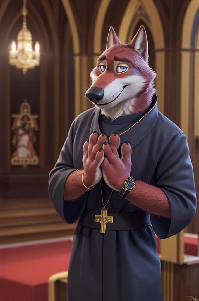 Joachim Wolfbach (Zootopia),tall handsome, wolf,young, 24 years, brown fur,(red body:1.3),Blue eyes, Moscow Dressed,golden,priest,Russian Orthodox Church,shirt inside cassock,pectoral cross, shoes, canine, wolf, detailed fur, Male, second, paw pads, finger claws,holding a censer, At the viewer, 5 fingers, paws, 5 fingers, smile, happy, resting, wrist watch, т nextel, by xenoforge, (difficult, high detail, film photography, soft focus,,smile смех ,praying hugs a parishioner, 
photorealism, realistic, photorealistic, digital style, subsurface scattering, 
masterpiece, Best quality, ultra realistic, 8 thousand.)