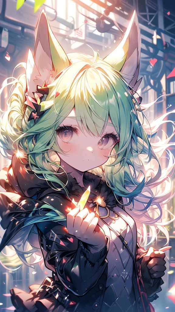 (best quality),(Masterpieces),(Super Detail),(Eye details:1.0),(lens flare:1.0),(poster:1.0),(Tarot card border:1.0),people oriented,(close up:1.0),(Negative Space:0.8),(Negative Space:1.6),(Solitary),(Floating rich and colorful Water Magic:1.0),(Many rich and colorful Vines:1.0 ),(Floating pink blade:1.0),(Hydrofoils:1.0),(Dappled sunlight,Light,Caustics:1.2),(rich and colorful:1.0),(精美细致的Light:1.0),(tilt:1.2),(Serious look:1.0),(small:1.0),(Shut up:1.0),(Eyeshadow),,(Lime green hair:1.4),(Long hair:1.0),(front :1.3),(Halo:1.3),(头部tilt:1.0),(Dynamic poses:1.1),(Asymmetrical hair:1.2),(Blue Armor:1.0),(),(Layered Skirt),(black eyes:1.4),Bangs,High Ponytail,,long coat,(floating cape:1.0),(Fox ears, Fox Girl:1.1),(castle:1.4),(outdoor,outdoor:1.1), Hair accessories,(flight:1.1),(Bronze skin:1.1),(Upper Body: 1.25),Symbol-shaped pupil, Heart-shaped pupil