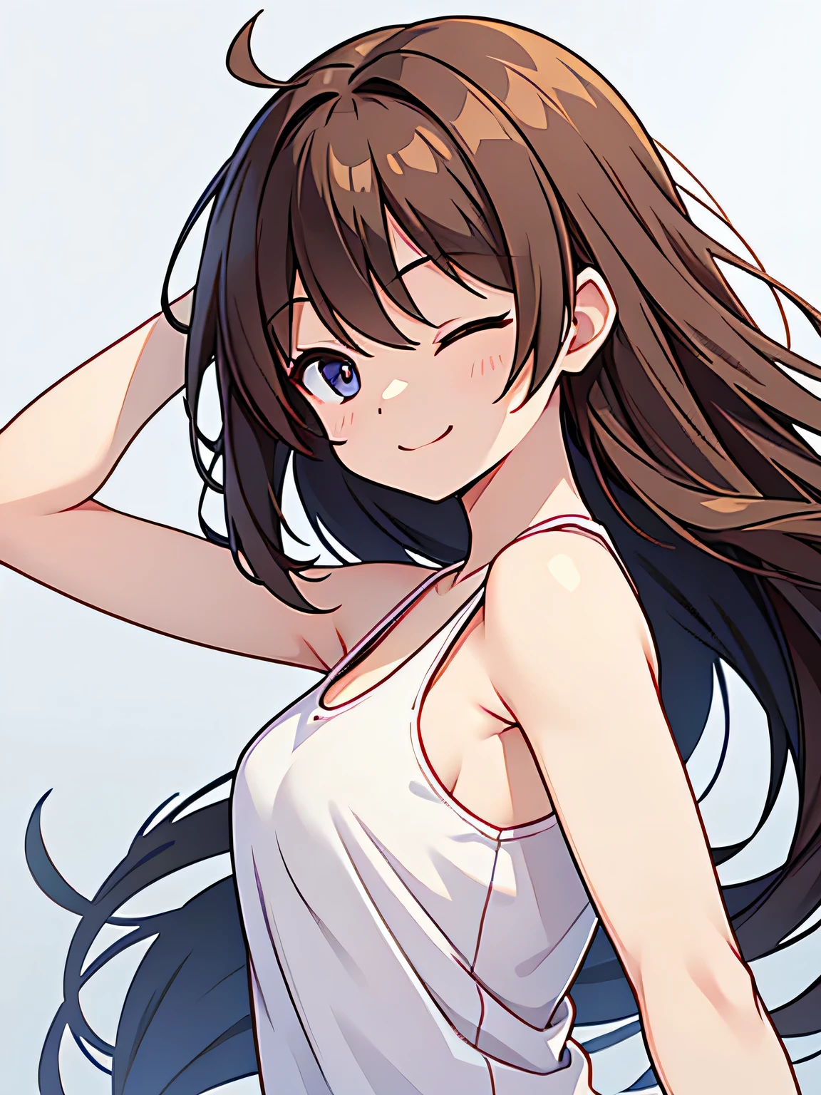 woman、Tank top、Hair is fluttering in the wind、Long Straight、From the side、Brown Hair、smile、Eyes closed、No background、Background white