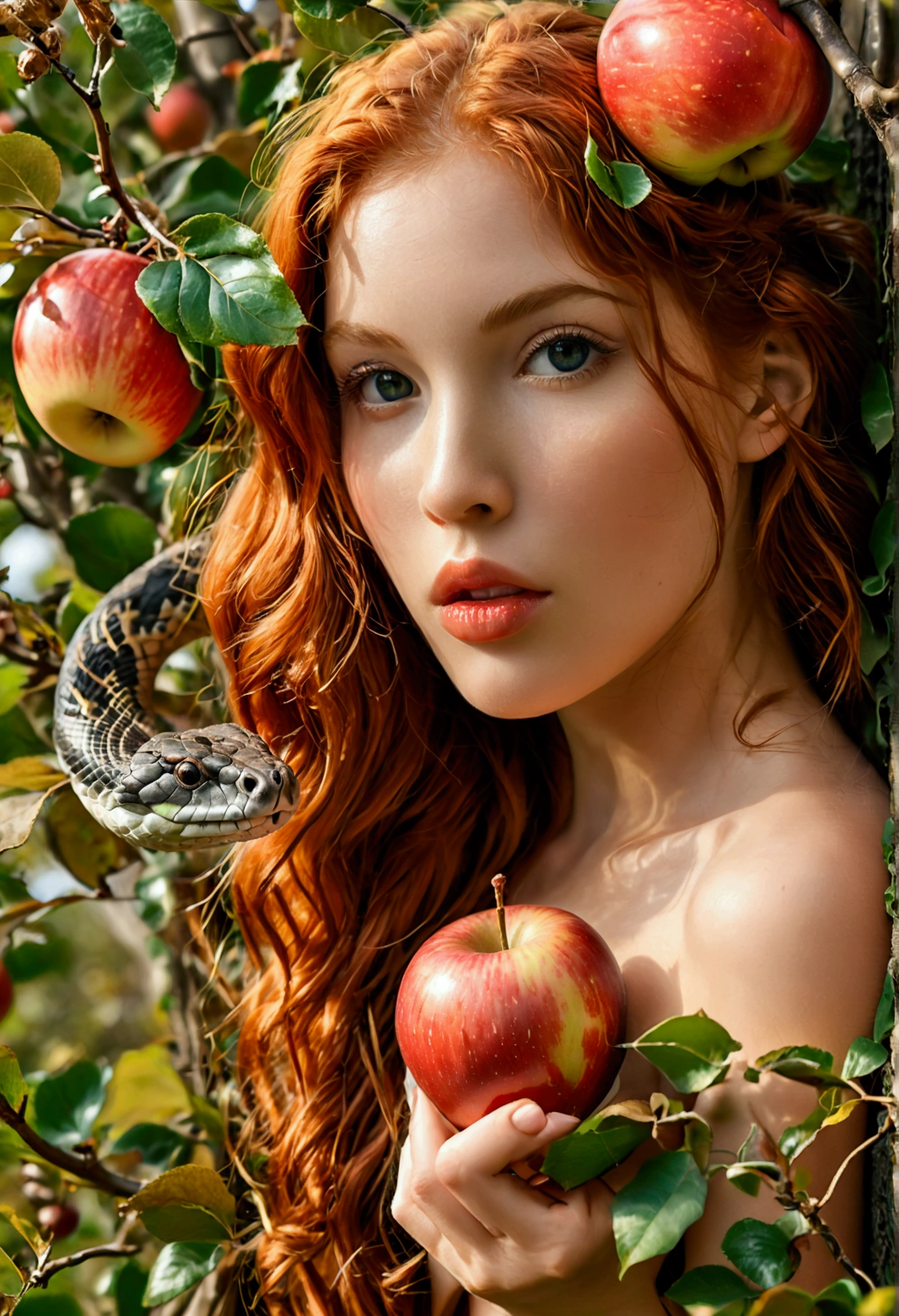 ultra realistic, photography, long red hair, girl, 24 years old, hourglass figure, perfect body, Flirty look, natural breasts, blur background, in paradise, nude but covered with leaves, holding an apple in her hand, near an apple tree, a snake comes out of the tree, full body (full body) (wide angle)