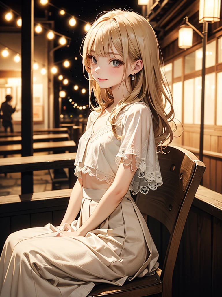(sepia art),(​masterpiece),(top-quality:1.2),((perfect anatomy)),(perfect fingers:1.3),((arms behind back)),((1 girl)),((solo)),(flat chest),Highest quality,blonde hair,blunt bangs,(from side)(sideways glance),beautiful detailed eyes,white capelet fashion,(brown long skirt),sitting on chair,night outdoor,film lighting,depth of written boundary,bokeh,seductive smile