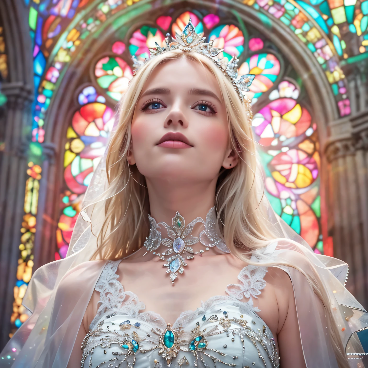 (Cathedral from below:1.28) (BokeH ZoomLayer) TopQuality 8K masterpiece of ((Professional photo)), (((Clarisse de Cagliostro))) (Detailed White WeddingDresses), Chain, (CloseUp of (Extremely detailed (KAWAII face))) {((VeiledFace))|BlondeHair|(Elaborate BuleEyes)with(SparklingHighlights:1.28)}, The background is distant (((Elaborate stained glass))) Rainbow Glass, {(MysticSight)|EnchantingAtmosphere|Haze|(GodRays)|TyndallEffect}, Radiant PearlSkin with Transparency, (Exposed:0.39), BluB