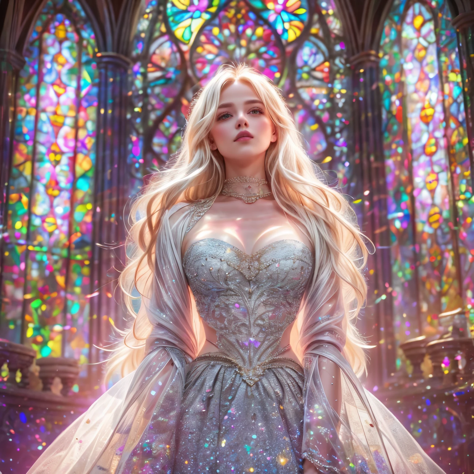 (Cathedral from below:1.28) (BokeH ZoomLayer) TopQuality 8K masterpiece of ((Professional photo)), (((Clarisse de Cagliostro))) (Detailed White WeddingDresses), Chain, (CloseUp of (Extremely detailed (KAWAII face))) {((VeiledFace))|BlondeHair|(Elaborate BuleEyes)with(SparklingHighlights:1.28)}, The background is distant (((Elaborate stained glass))) Rainbow Glass, {(MysticSight)|EnchantingAtmosphere|Haze|(GodRays)|TyndallEffect}, Radiant PearlSkin with Transparency, (Exposed:0.39), BluB