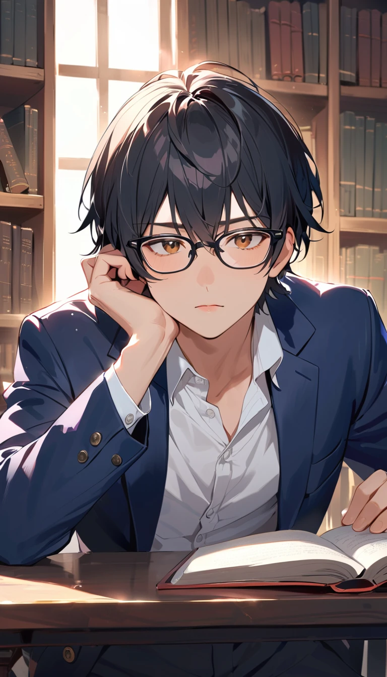 18 years old, a handsome boy, Black Hair, Short Hair,Glasses Blazer, high school student,Introvert,In the library