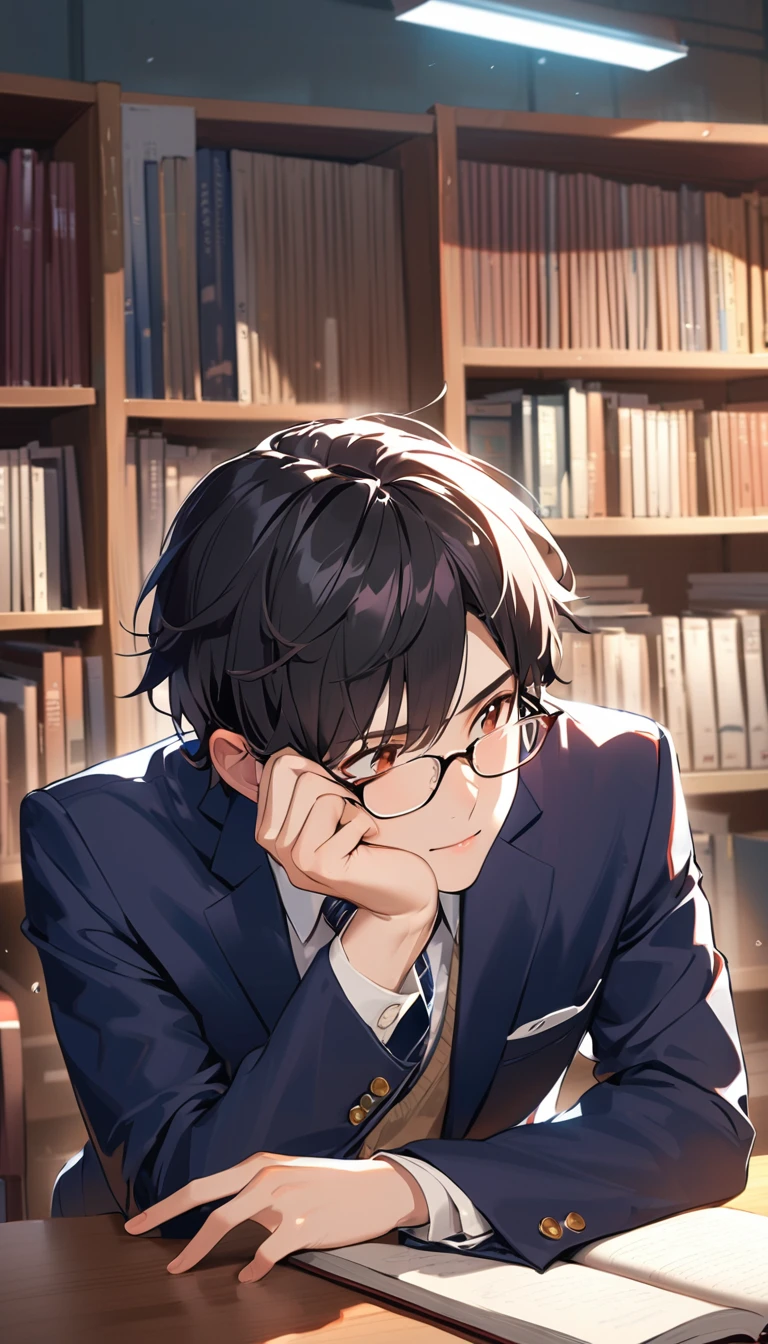 18 years old, a handsome boy, Black Hair, Short Hair,Glasses Blazer, high school student,Introvert,In the library