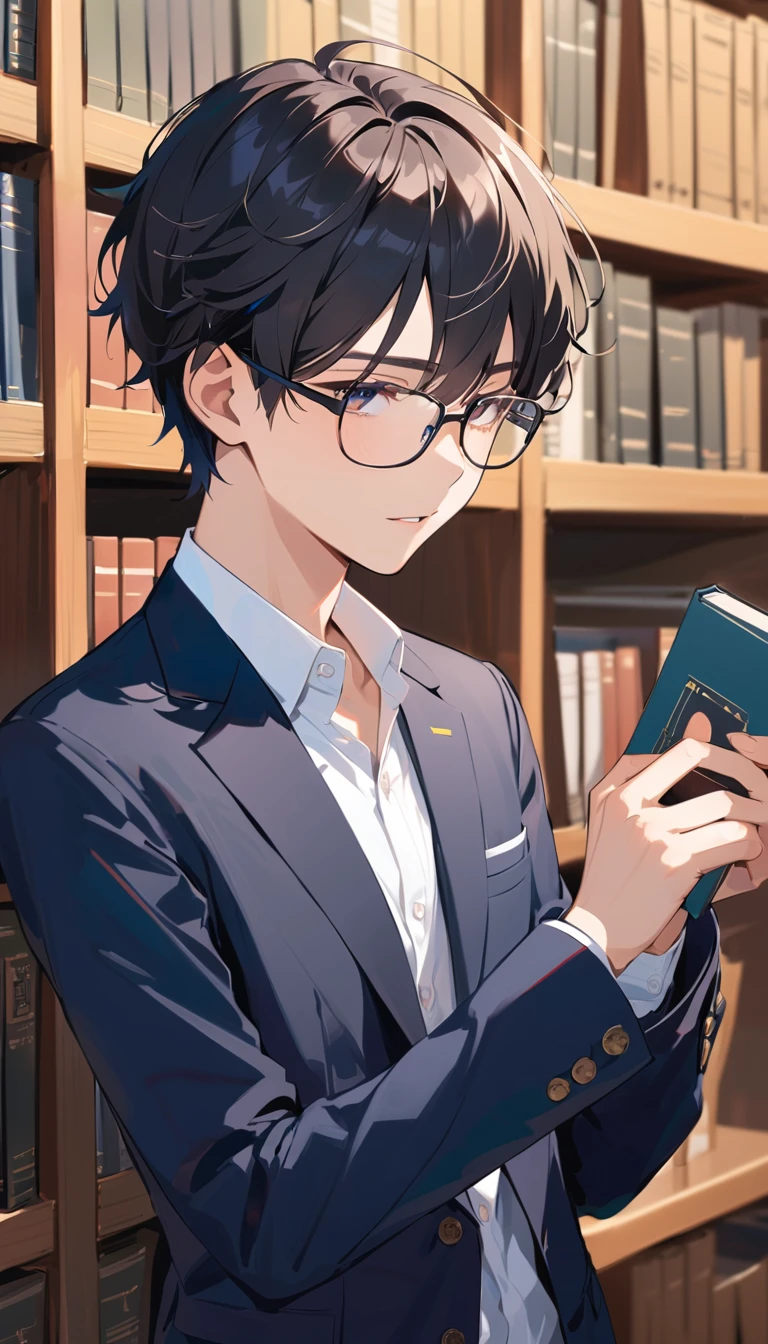 18 years old, a handsome boy, Black Hair, Short Hair,Glasses Blazer, high school student,Introvert,In the library