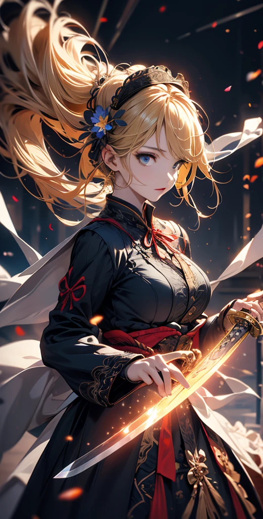 masterpiece, high quality, 4K, Beautiful design, silhouette,blonde, 非常に詳細な夜のStarry Sky,Flower Field, wonderful, Finer details, Very knowledgeable woman, Highly detailed solo, 1 female,Big Breasts,Red Gothic Lolita Fashion,2Hold the sword blade in front of your chest.,Night view,Starry Sky,full moon,