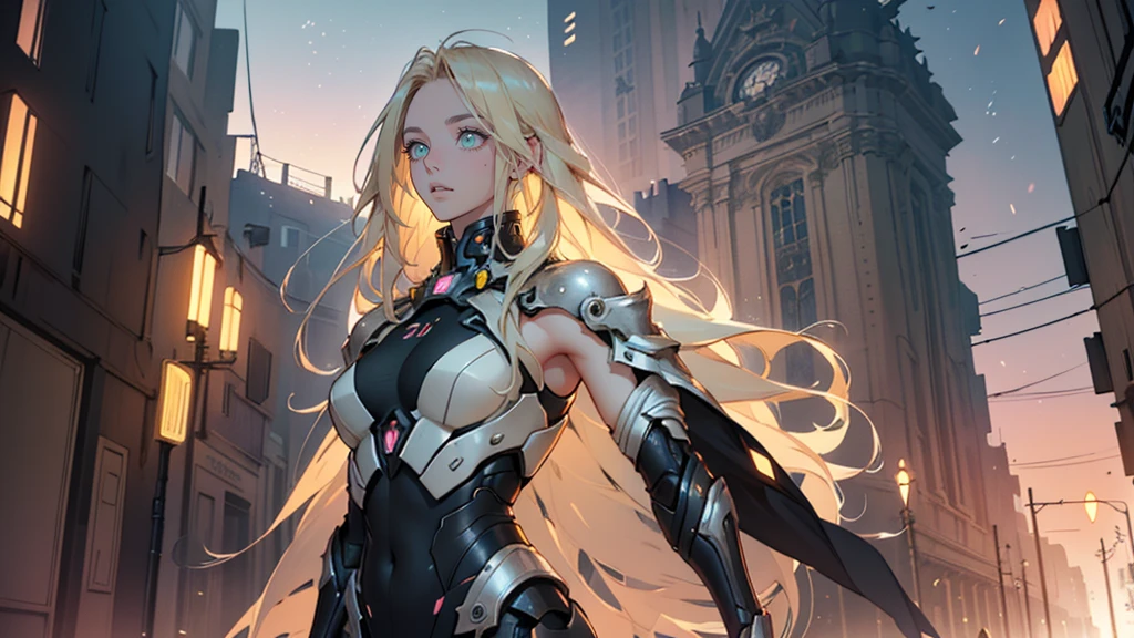 Beautiful woman, extremely long hair, blonde hair, green eyes, (masterpiece:1.3), (best quality:1.3), high-resolution, watercolor pencil, Head-on angle, upper body, Body facing forward, (upright:1.3), (arms at sides:1.3), solo, beautiful detailed eyes, Futuristic clothing, mechanical suit, (mechanical night city background:1.2), concept art, shadow lighting, beautiful detailed glow, best illuminate, (((best quality, textile shading, ultra detailed))), extremely detailed CG unity 8k wallpaper, Highly Detailed beautiful and aesthetic, best light, dynamic lighting, 1Character, pastel washed out colors, cell shade, soft, muted shades, gentle colors,