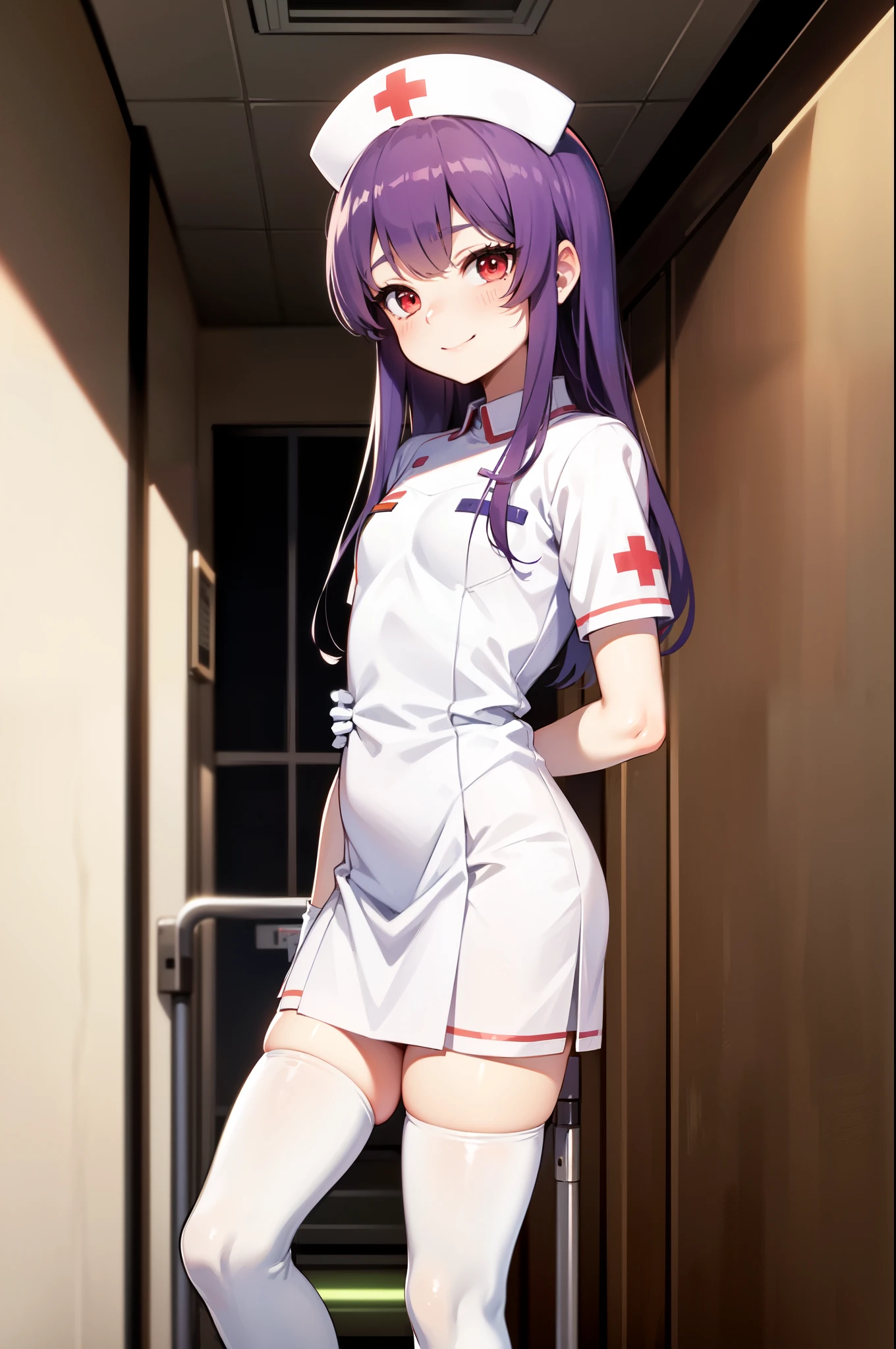 1boy, solo, male focus, nurse, white nurse cap, white nurse uniform, ((white legwear, zettai ryouiki)), white gloves, long hair, purple hair, red eyes, smile, standing, ((hospital room)), sharp outline, short sleeves, shota, ************, best quality, masterpiece