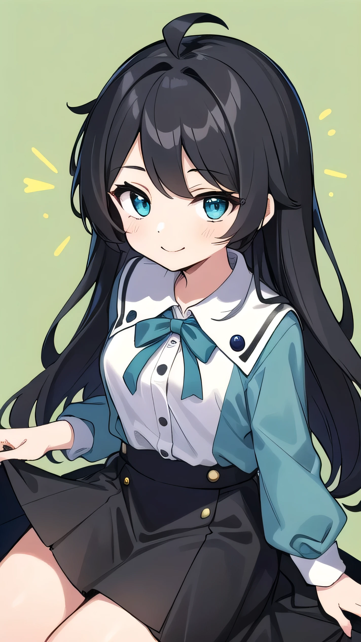 high schoolooks like an elementary school sty short:1.1), 140cm tall, bth a slight green tinge, short ahoge, beautiful long hair but with a little hair sticking out, beautiful round eyes, blue eyes, smile, boyish, long sleeves , thick clothes, skirt, big breasts, hair longer than waist, long hair, young face, dark greenish black hair, gentle smile, a little shy, skirt is black, hair is black but has a slight green tinge, boyish and gentle smile I have.