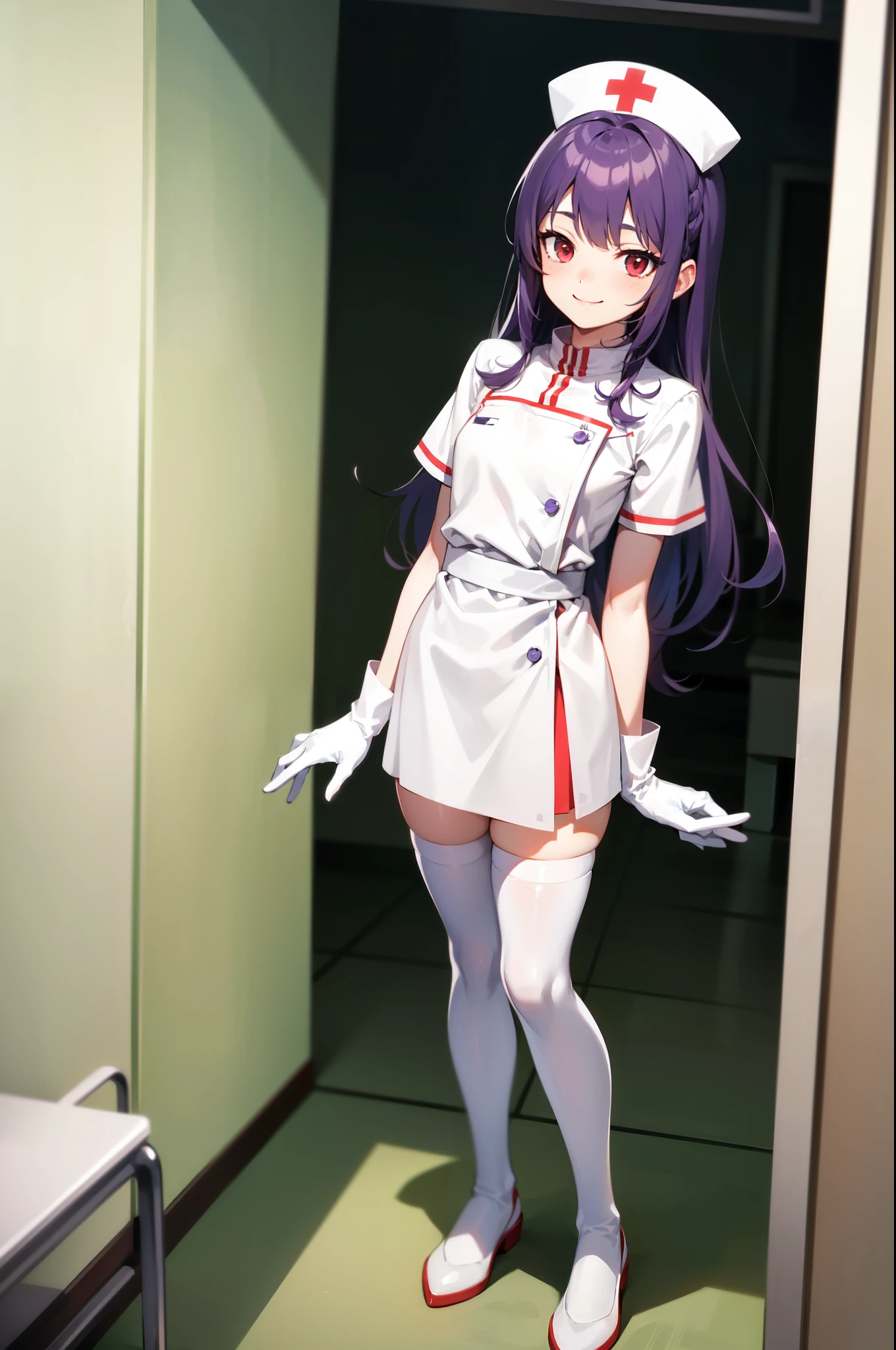 1boy, solo, male focus, nurse, white nurse cap, white nurse uniform, ((white legwear, zettai ryouiki)), white gloves, long hair, purple hair, red eyes, smile, standing, ((hospital room)), sharp outline, short sleeves, shota, , best quality, masterpiece