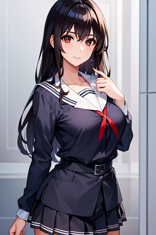 Poetry of the Hills、Shiny black hair, Long Hair, (Beautiful brown eyes、Sparkling eyes, Fine grain)、smile、Super detailedな目、Highly detailed face, Highly detailed eyes, 

(masterpiece, Highest quality, Super detailed:1.4), (masterpiece), (Highest quality), (Beautiful eyes and face), (Perfect female body), (Glowing Skin), Cowboy Shot, 
Sailor collar, ribbon,Long sleeve blue shirt,  , Pleated skirt, Black Skirt Library、evening、
