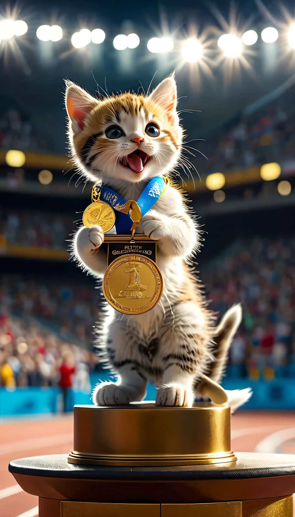 ((8k)), highest quality, 超High resolution, (High resolution), Kitten standing on the podium,Awarded,Biting a gold medal, Loud cheers from the audience,　Athletics Stadium