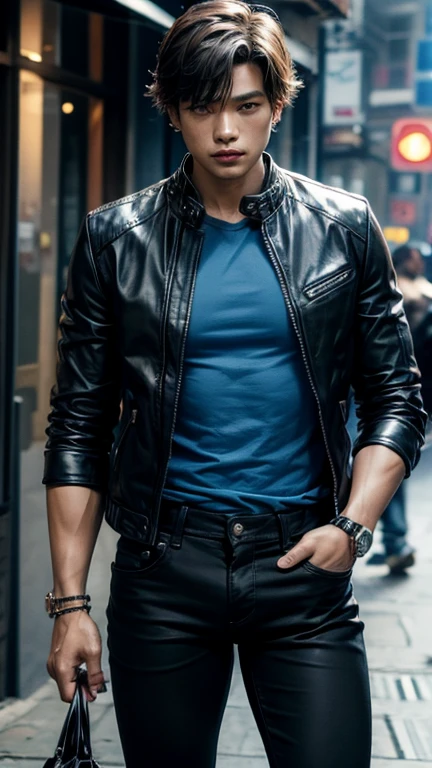 solo , 1man , thai man , leather jacket , blue shirt , black jeans