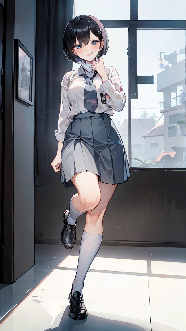 (((((Dildo on the floor:1.5, standing, spread legs:1.5, Point your knees outwards:1.5 ) behind head, Push your hips forward,pussy juice , Voluptuous body, Slut、(Dildo on the floor, standing, spread,arms behind head, Point your knees outwards:1.5, Sweat, Angle from below)))), Realistic composition, Doujinshi scene,, Big Thighs, Pleated skirt, White Shirt, Angry face, blush, from below