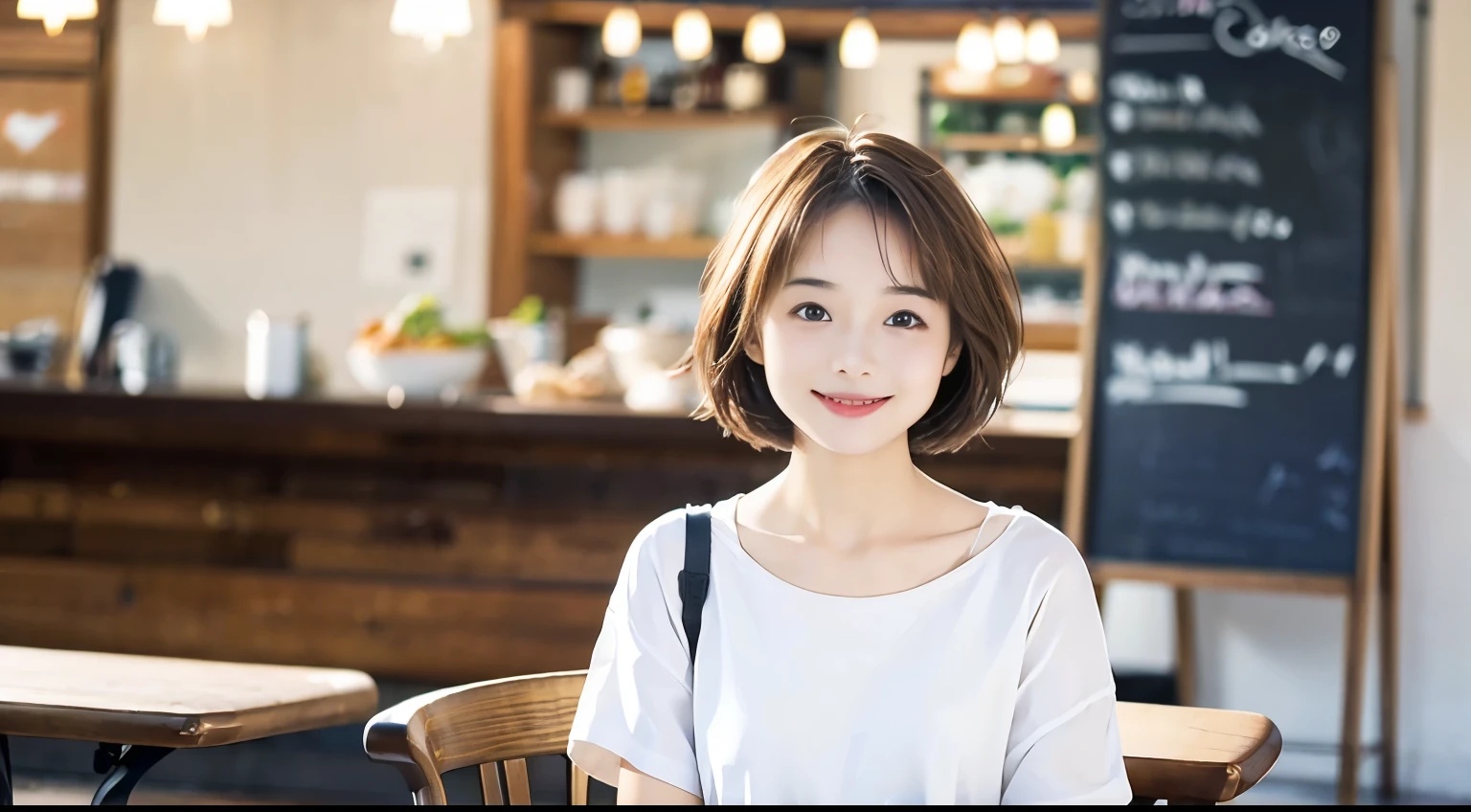 super high quality, smile, Slenderのネックレス, Slender, The staff is working at the counter in the back., (8k、RAW Photos、Highest quality、masterpiece:1.2), The cafe is crowded with people enjoying themselves., (Realistic、Photorealistic:1.37), Urban Cafe, Golden Ratio, Raw photo, Light Brown Hair, Small breasts, Bright cafe interior, Blurred Background, Summer clothes, Cafe Terrace, Open Cafe, Photographed inside the cafe, Pretty face, Hair blowing in the wind, Neat clothes, T-Shirts, Very Short Hair, 16 years old, beautiful girl, 
