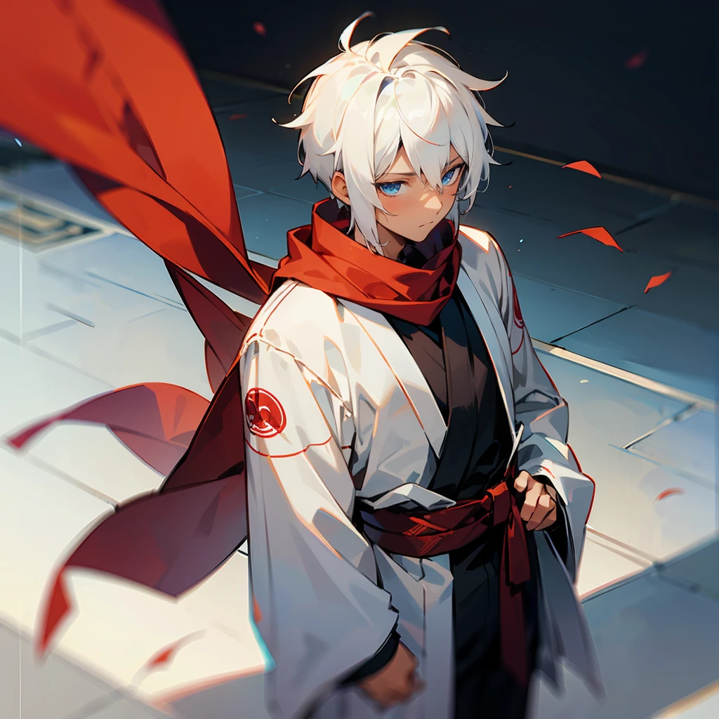 1male, Undercut Hair ,Young Male, Shaggy White Hair , Pale Blue Eyes , Dark Skin ,White Yukata,Black Fitted Sleeves, Red Scarf, White Ninja Clothing , Calm Expression , Standing on Path