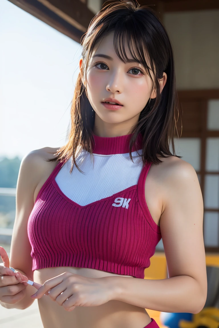 (((pull own uniform:1.8,underboob))),(((pull own uniform:1.8,underboob))),(((neat woman,leaning forward))),(((kind smile:1.9,kind smile,blush:1.8,dark cheek:1.8))), (Photo real:1.4)、(A hyper-realistic:1.4)、(Photorealistic:1.3)、 (gentle lighting: 1.05)、(Improve the lighting quality of your video:0.9)、 32k、25years old woman、photorealistic lighting、Back lighting、Facial Lights、Ray Trace、(bright:1.2)、(Increase quality:1.4)、 (best quality real texture skin)、Fair eyes,delicate face、 Close-up of the face,  ((((Wearing the dark grey volleyball uniform,with strings pink lines,dark grey uniform,high-neck,sleeveless))),(((very sweat skin:1.4))),strings panties:1.5,high-heel))),(Bodyline mood improvement:1.1)、Glossy skin、good figure,perfect anatomy,Beautiful actress,(((beautiful huge breasts,(((underboob,underboob))),slender waist,slender hip,long slender legs,8heads tall))),(((8heads tall))),(((brown very wavy hair:1.5,bangs))),(((sweat skin,shiny skin,in the beautiful locker roow of pool,super clean night view,in the night))),