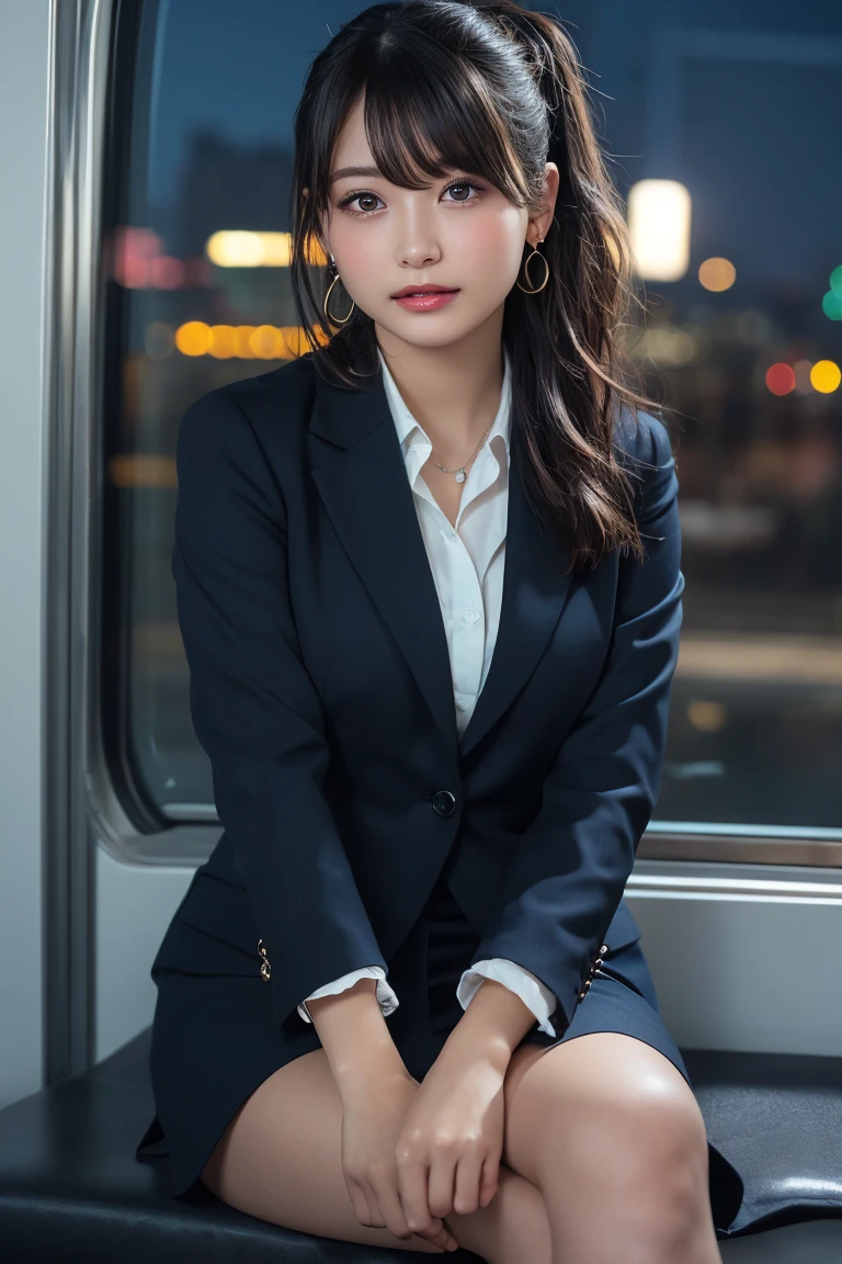((Upper Body))、(masterpiece:1.3), High resolution, Very detailed, Highly detailed CG Unity 8K wallpapers, Realistic, photo-Realistic, RAW Photos, Beautifully detailed face, Pale skin, Realistic glistening skin, Detailed cloth texture, Detailed hair texture, Perfect Style, Beautiful Face, Accurate, Anatomically correct, Very detailed顔と肌の質感, fine grain, Brown eyes, double eyelid, Thin eyebrows, (Droopy eyes:0.65), (Glitter Eyeliner:1.2), Natural Cheeks, Glowing Skin, (Fair skin:1.2), Shiny necklace and earrings, (Glossy Lips: 1.4), 
break
 (Classy and cute girl:1.3), (High ponytail hairstyles, Wavy Hair, Dark brown hair), (Captivating smile:1.2) (Wear an elegant business suit:1.3), (Black Stockings), Medium large breasts, 
break
 ((Cowboy Shot:1.2)), (Cross-legged sitting pose:1.4), At the train door, ((Night city view:1.2)),