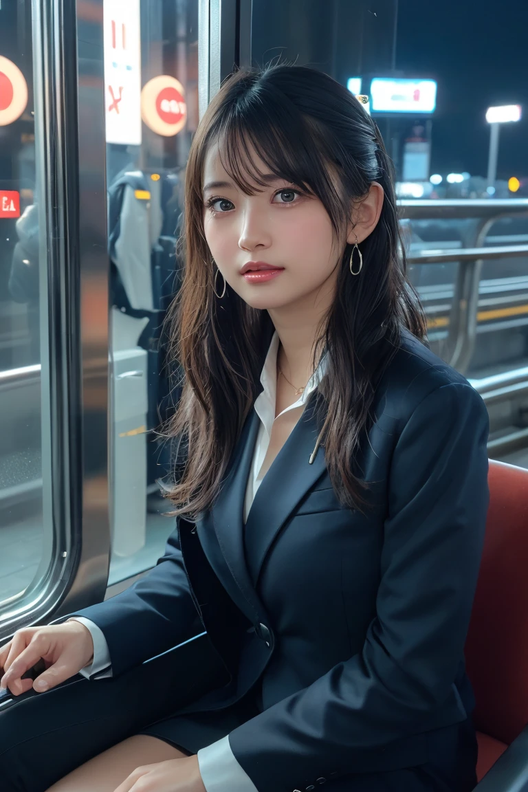 ((Upper Body))、(masterpiece:1.3), High resolution, Very detailed, Highly detailed CG Unity 8K wallpapers, Realistic, photo-Realistic, RAW Photos, Beautifully detailed face, Pale skin, Realistic glistening skin, Detailed cloth texture, Detailed hair texture, Perfect Style, Beautiful Face, Accurate, Anatomically correct, Very detailed顔と肌の質感, fine grain, Brown eyes, double eyelid, Thin eyebrows, (Droopy eyes:0.65), (Glitter Eyeliner:1.2), Natural Cheeks, Glowing Skin, (Fair skin:1.2), Shiny necklace and earrings, (Glossy Lips: 1.4), 
break
 (Classy and cute girl:1.3), (High ponytail hairstyles, Wavy Hair, Dark brown hair), (Captivating smile:1.2) (Wear an elegant business suit:1.3), (Black Stockings), Medium large breasts, 
break
 ((Cowboy Shot:1.2)), (Cross-legged sitting pose:1.4), At the train door, ((Night city view:1.2)),