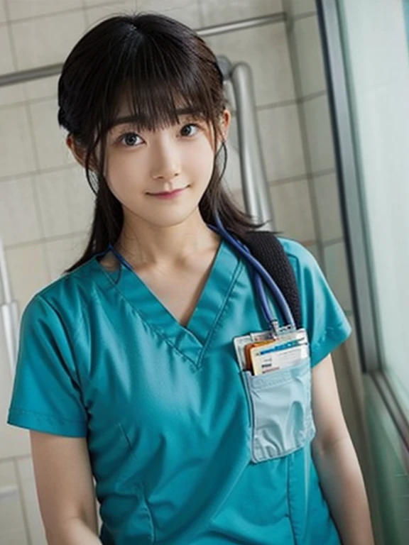 girl, alone, bangs, Medical scrub、White scrub、Female nurse、Hold in hand、Short sleeve、Long trousers、(ID card)、strap, (State Scope)、Hospital corridor、Warm lighting、sense of cleanliness