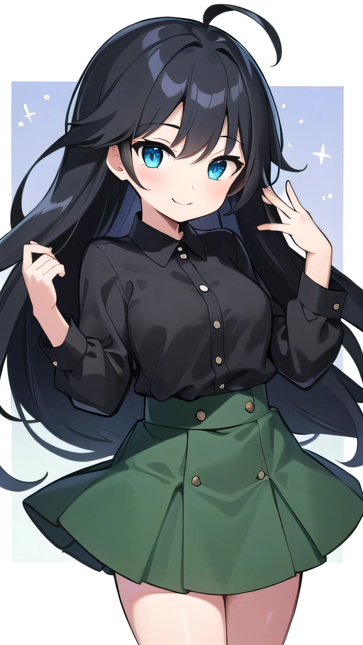 Junior high school student who looks like an elementary school student, 14 years old, (very short:1.3), 140cm tall, black hair with a slight green tinge, short ahoge, beautiful long hair but with a little hair sticking out, beautiful round eyes, blue eyes, smile, boyish, long sleeves , thick clothes, skirt, big breasts, hair longer than waist, long hair, young face, dark greenish black hair, gentle smile, a little shy, skirt is black, hair is black but has a slight green tinge, boyish and gentle smile I have.