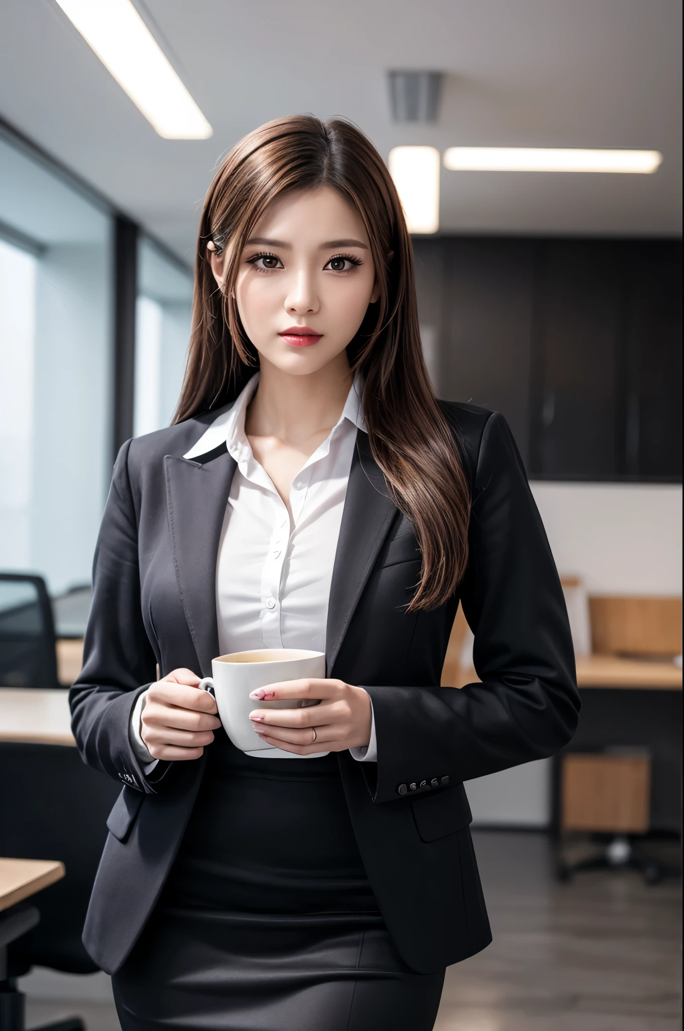 (8k, Ultra-high resolution, The best masterpiece, best quality:1.2), Very detailed, Complete Solution, (actual, actual photo: 1.37), portrait, Half Body, focus on eyes, HD RAW photos, career arrest, High quality and beautiful, 超高清 8k 影像照片, Volumetric lighting, Soft Light, confess, Professional photography, Very detailed的美麗女孩, Super delicate face shape, Contoured eyes, (Very detailed eyes), Precisely shaped nose, expressive lips, Delicate skin, (HD Skin:1.2), Neatly contoured fingers, Every feature is carefully displayed, a story, (20:1.2), Twenty generations, cute girl, young mother, Beautiful mature lady, brown hair, long, straight hair, sparkling amber eyes, red lips, Eye makeup, sit down, Secretary in the office, Take the cup, Standard office clothing, Suits and tight skirts, pantyhose and high heels, Modern office interior, perfect anatomy, Detailed background, HD background without blur, particle, actual, stunning details, 8k Ultra HD, high quality, CG unity, C4D Rendering, 3D Rendering 