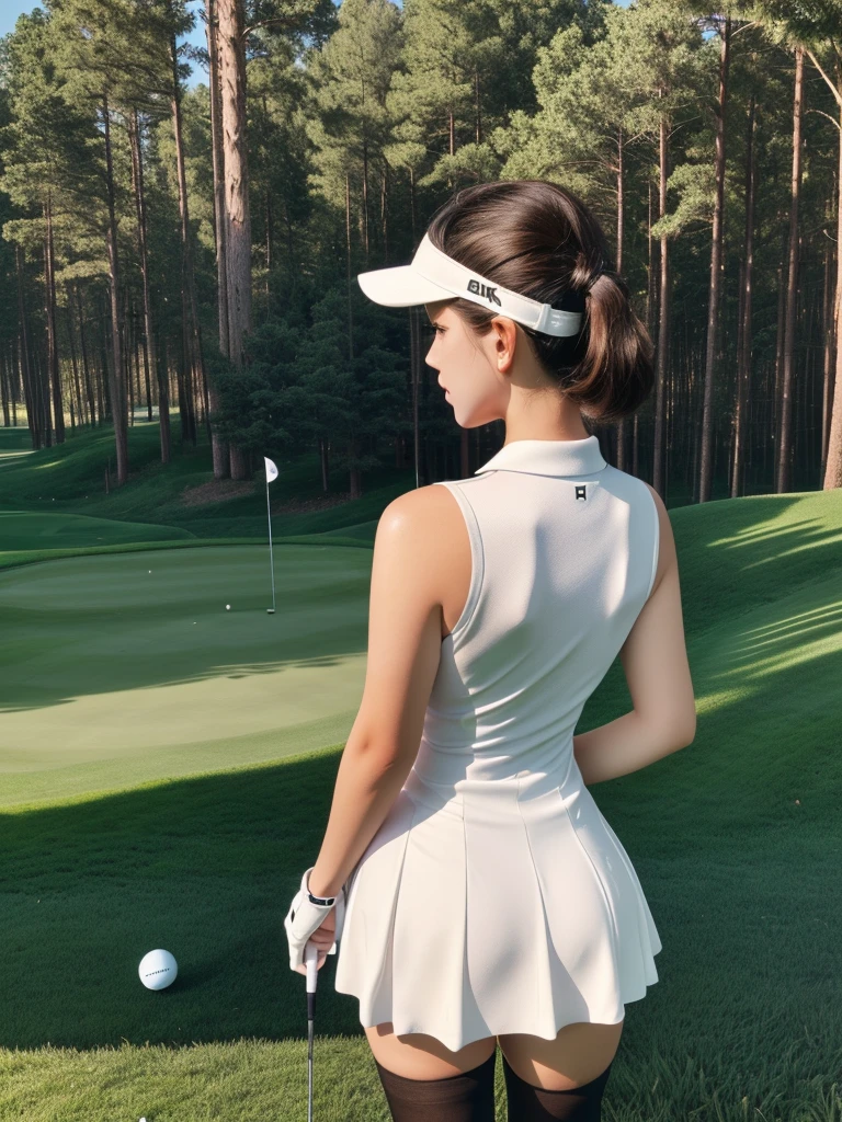 A beautiful girl, playing golf, golf dress, thick thighs, back view, attractive back, mini skirt, hitting golf ball, ultra quality, realstic, stockings,