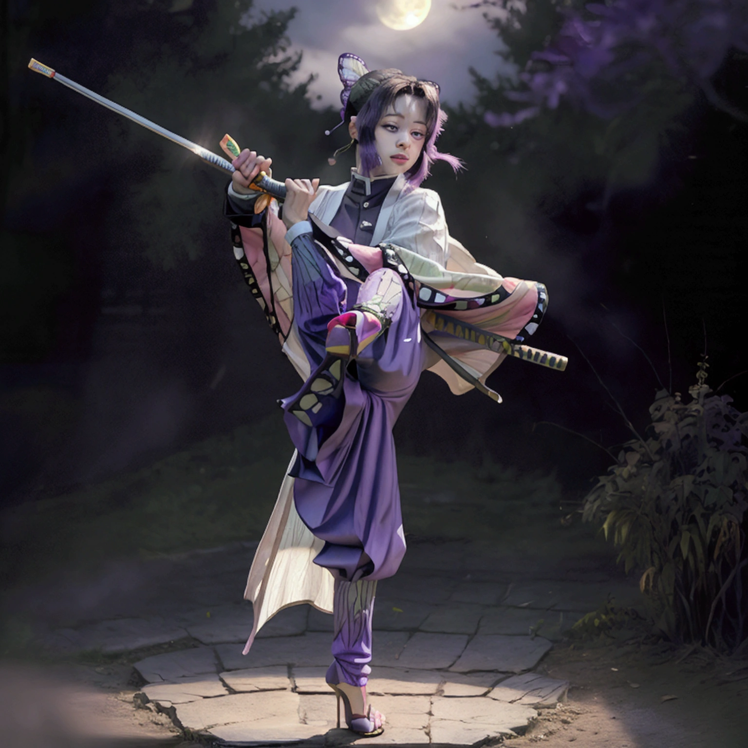 Moisturized skin, (purple eyes: 1.4), perfect body, (adult female body), embarrassed expression, shy, shy, does not make eye contact,
BREAK,
,bright red lipstick,
BREAK,
(long bangs at both ends: 1.2),(purple tips),
BREAK,
((masterpiece+best quality+high resolution+highly detailed)), (full body: 1.2),symmetrical, one shot,
BREAK,
(butterflies fluttering), (wind blowing),(battle stance: 1.4),((big full moon in the sky)),
BREAK,
(Kocho Shinobu: 1.3),dignified,