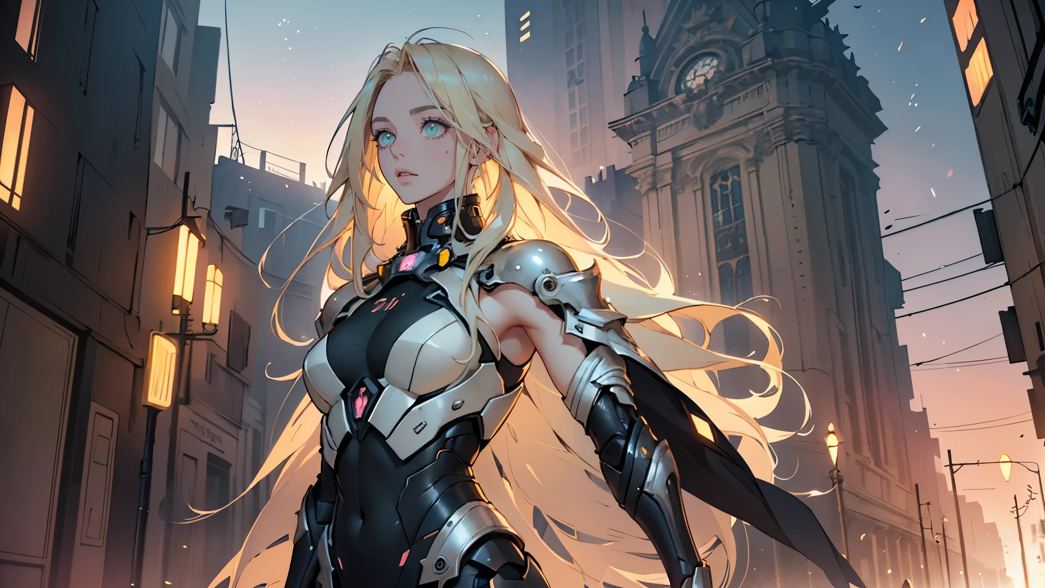 Beautiful woman, extremely long hair, blonde hair, green eyes, (masterpiece:1.3), (best quality:1.3), high-resolution, watercolor pencil, Head-on angle, upper body, Body facing forward, (upright:1.3), (arms at sides:1.3), solo, beautiful detailed eyes, Futuristic clothing, mechanical suit, (mechanical night city background:1.2), concept art, shadow lighting, beautiful detailed glow, best illuminate, (((best quality, textile shading, ultra detailed))), extremely detailed CG unity 8k wallpaper, Highly Detailed beautiful and aesthetic, best light, dynamic lighting, 1Character, pastel washed out colors, cell shade, soft, muted shades, gentle colors,