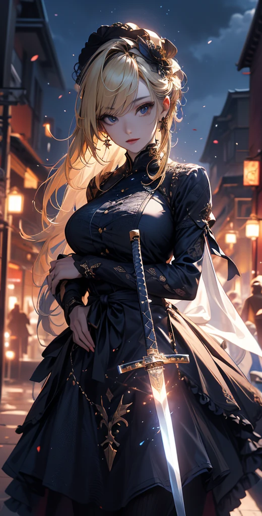 masterpiece, high quality, 4K, Beautiful design, silhouette,blonde, 非常に詳細な夜のStarry Sky,Flower Field, wonderful, Finer details, Very knowledgeable woman, Highly detailed solo, 1 female,Big Breasts,Red Gothic Lolita Fashion,2Hold the blade of the sword in front of your chest.,Night view,Starry Sky,full moon,