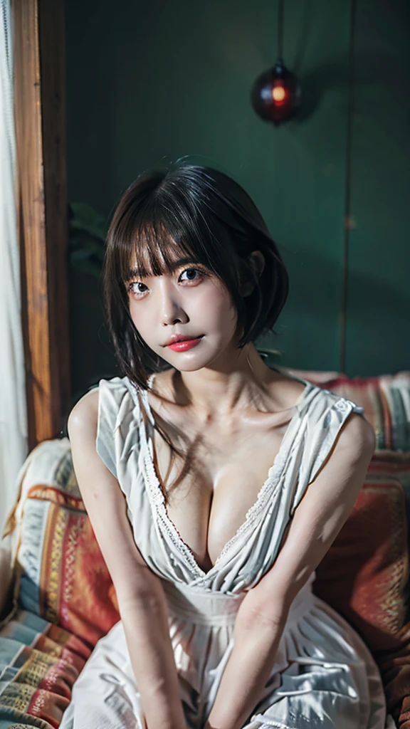 nsfw, Masterpiece、Highest quality、Young Japanese Woman、 and super big、Cute pose、Maid clothes with exposed breasts、Light pink nipples、Shortcuts、Droopy double eyelids、Fresh lips、Pure white, translucent skin