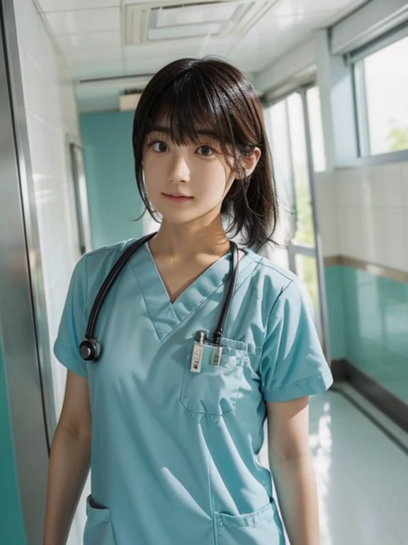 girl, alone, bangs, Medical scrub、White scrub、Female nurse、Hold in hand、Short sleeve、Long trousers、(ID card)、strap, (State Scope)、Hospital corridor、Warm lighting、sense of cleanliness