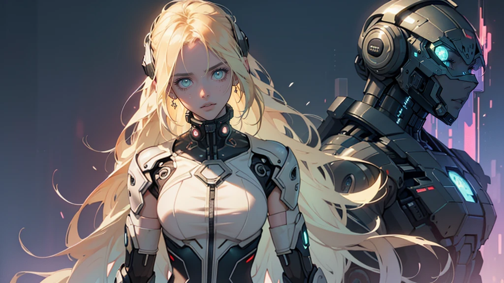 Beautiful woman, extremely long hair, blonde hair, green eyes, (masterpiece:1.3), (best quality:1.3), high-resolution, watercolor pencil, Head-on angle, upper body, Body facing forward, (upright:1.3), (arms at sides:1.3), solo, beautiful detailed eyes, Futuristic clothing, mechanical suit, (cyber punk midnight city background:1.2), concept art, shadow lighting, beautiful detailed glow, best illuminate, (((best quality, textile shading, ultra detailed))), extremely detailed CG unity 8k wallpaper, Highly Detailed beautiful and aesthetic, best light, dynamic lighting, 1Character, pastel washed out colors, cell shade, soft, muted shades, gentle colors,