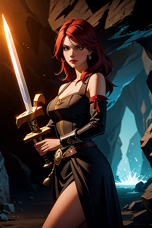 beautiful pirate woman with a shining sword in a gloomy cave