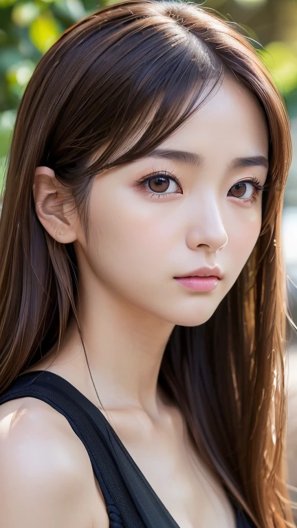 (masterpiece:1.3), (Photorealistic, RAW Photos, Highest quality: 1.4), Skinny Japanese woman, 23 years old, (One Girl), (A vivid face), Detailed face, Detailed eye resolution, (Brown hair, Fluttering Hair、Show your forehead、Long Hair:1.3), (Realistic Skin), (Black camisole), Ultra-high resolution, Surreal, High definition, Remove the shoulder straps