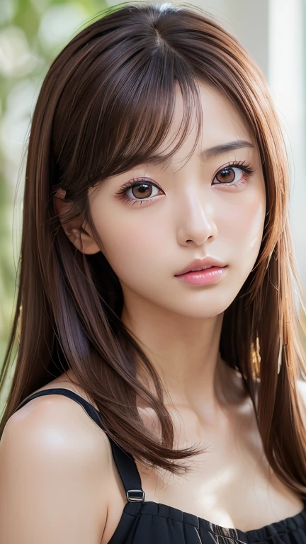(masterpiece:1.3), (Photorealistic, RAW Photos, Highest quality: 1.4), Skinny Japanese woman, 23 years old, (One Girl), (A vivid face), Detailed face, Detailed eye resolution, (Brown hair, Fluttering Hair、Show your forehead、Long Hair:1.3), (Realistic Skin), (Black camisole), Ultra-high resolution, Surreal, High definition, Remove the shoulder straps